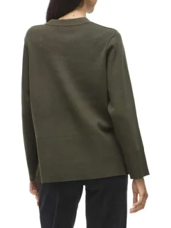 Pull kaki en maille tricotée pourvu d'un col rond et de manches longues