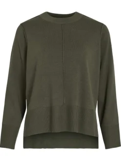 Pull kaki en maille tricotée pourvu d'un col rond et de manches longues