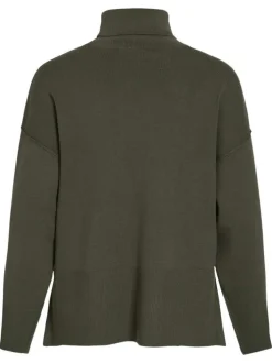 Pull kaki en maille tricotée pourvu d'un col roulé et de manches longues