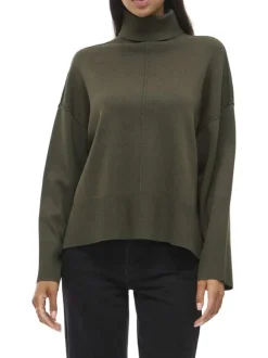 Pull kaki en maille tricotée pourvu d'un col roulé et de manches longues