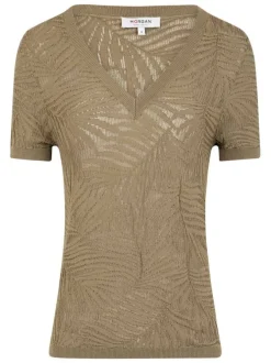 Pull kaki uni ajusté à col v et manches courtes à motif végétal et transparent