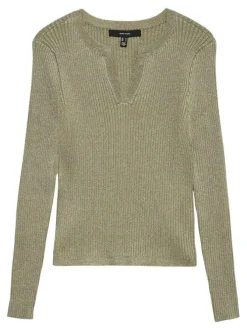 Pull kaki uni avec incrustation de fils lurex et col tunisien