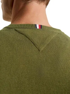 Pull kaki uni avec logo de la marque brodé à manches longues