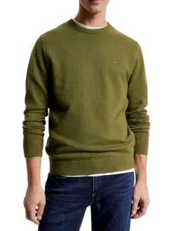 Pull kaki uni avec logo de la marque brodé à manches longues
