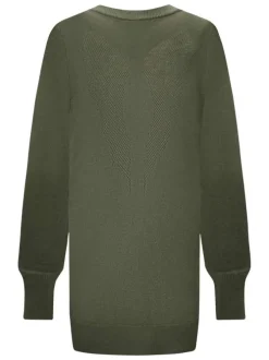 Pull kaki uni avec une coupe longue un col rond et des manches bouffantes