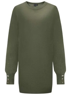 Pull kaki uni avec une coupe longue un col rond et des manches bouffantes