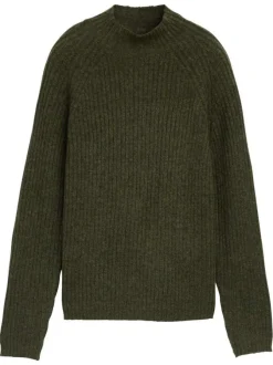 Pull kaki uni côtelé avec un col rond et des manches longues