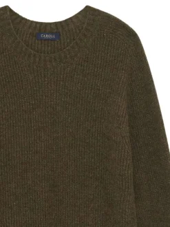Pull kaki uni en maille tricotée avec une coupe droite et un col rond