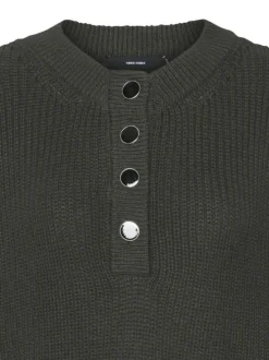 Pull kaki uni en maille tricotée à coupe droite et à col boutonné