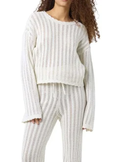 Pull Laika L/S O-Neck Mg Knit Fwd en coton écru en maille ajourée avec col rond