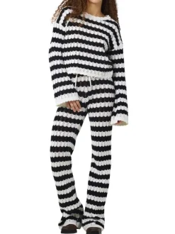 Pull Laika L/S O-Neck Mg Knit Fwd noir et blanc en coton en maille ajourée