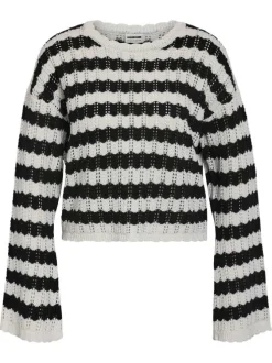 Pull Laika L/S O-Neck Mg Knit Fwd noir et blanc en coton en maille ajourée