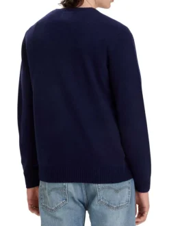Pull léger oversize en laine stretch bleu muit à col rond côtelé