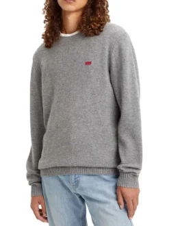 Pull léger oversize en laine stretch grise unie à col rond côtelé