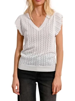 Pull manches courtes blanc en maille ajourée à coupe droite avec un col v