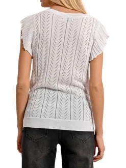 Pull manches courtes blanc en maille ajourée à coupe droite avec un col v