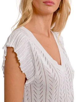 Pull manches courtes blanc en maille ajourée à coupe droite avec un col v