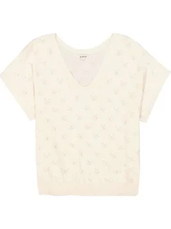 Pull à manches courtes écru uni avec des petits motifs ajourés et à coupe ample