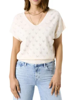 Pull à manches courtes écru uni avec des petits motifs ajourés et à coupe ample
