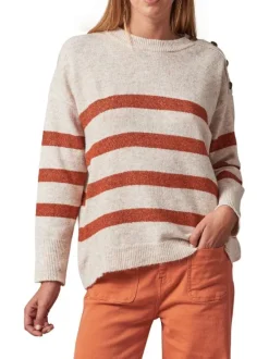 Pull manches longues beige à rayures orange avec col rond et coupe oversize