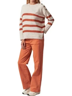 Pull manches longues beige à rayures orange avec col rond et coupe oversize