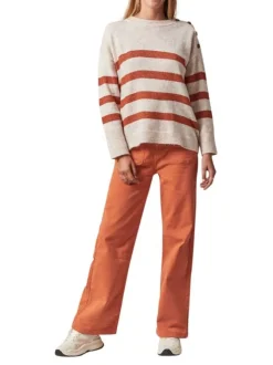 Pull manches longues beige à rayures orange avec col rond et coupe oversize