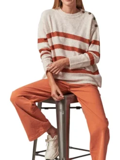 Pull manches longues beige à rayures orange avec col rond et coupe oversize