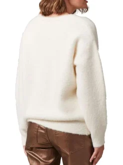 Pull manches longues blanc uni à coupe droite avec col v et texture douce