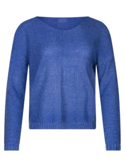 Pull manches longues bleu uni avec une coupe droite et un col v