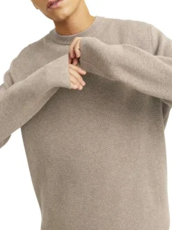 Pull manches longues en coton beige en maille fine à coupe droite avec col rond