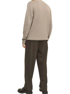 Pull manches longues en coton beige en maille fine à coupe droite avec col rond