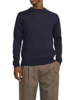 Pull manches longues en coton marine en maille fine à coupe droite avec col rond