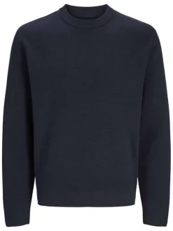 Pull manches longues en coton marine en maille fine à coupe droite avec col rond