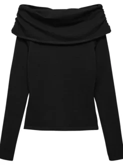 Pull manches longues noir en maille côtelée à coupe courte avec col bateau drapé