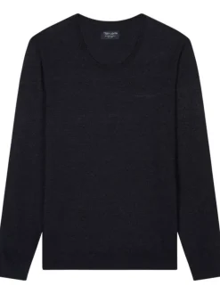 Pull marine avec un col rond une coupe droite et un logo brodé à la poitrine