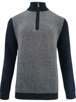 Pull marine chiné coupe droite avec un col camionneur et un patch métallique avec logo sur la poitrine
