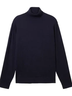Pull marine chiné à coupe droite col roulé et à manches longues