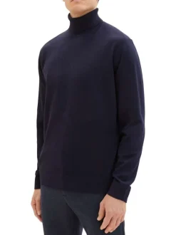 Pull marine chiné à coupe droite col roulé et à manches longues