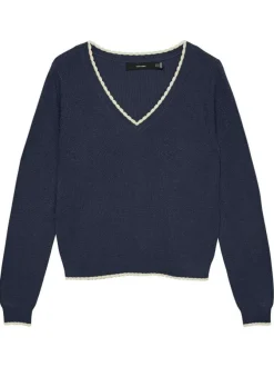 Pull marine à coupe droite pourvu d'un col v et de manches longues