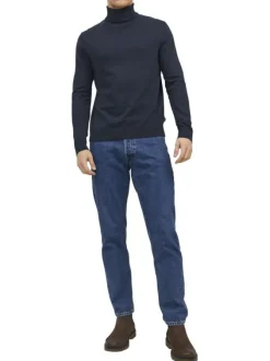 Pull marine en maille fine à coupe ajustée avec col roulé et manches longues