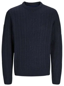 Pull marine en maille torsadée à col rond et à manches longues