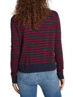 Pull marine et rouge rayé à coupe droite, col rond et à manches longues