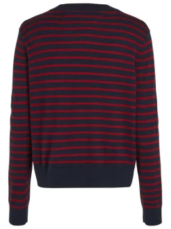 Pull marine et rouge rayé à coupe droite, col rond et à manches longues