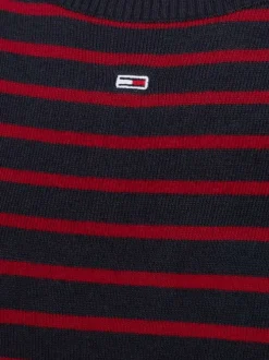 Pull marine et rouge rayé à coupe droite, col rond et à manches longues