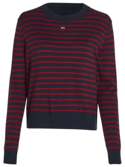 Pull marine et rouge rayé à coupe droite, col rond et à manches longues