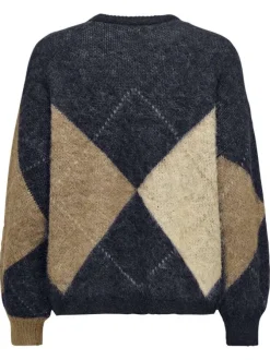 Pull marine imprimé avec un col rond à coupe droite et des manches longues