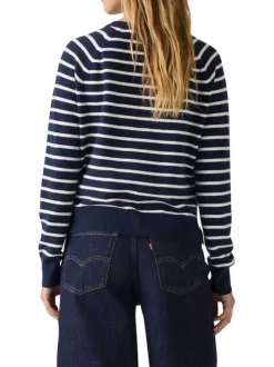 Pull marine rayé avec un col v côtelé et des manches longues