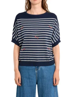 Pull marine à rayures pourvu d'un col rond et de manches courtes