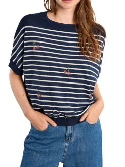 Pull marine à rayures pourvu d'un col rond et de manches courtes