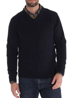 Pull marine uni avec une coupe droite, un col v et à manches longues